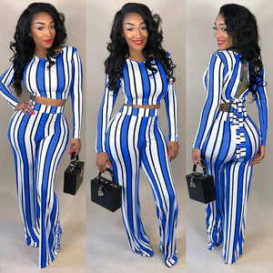 Striped Open Back  Crop Top Wide-leg Pants Set