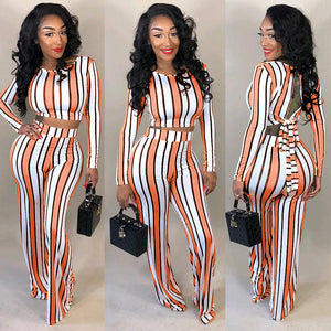 Striped Open Back  Crop Top Wide-leg Pants Set